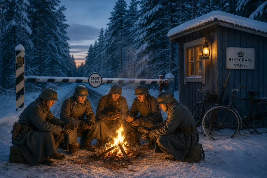 Illustration av beredskapssoldater som värmer sig vid en eld vid en snöig gränspostering