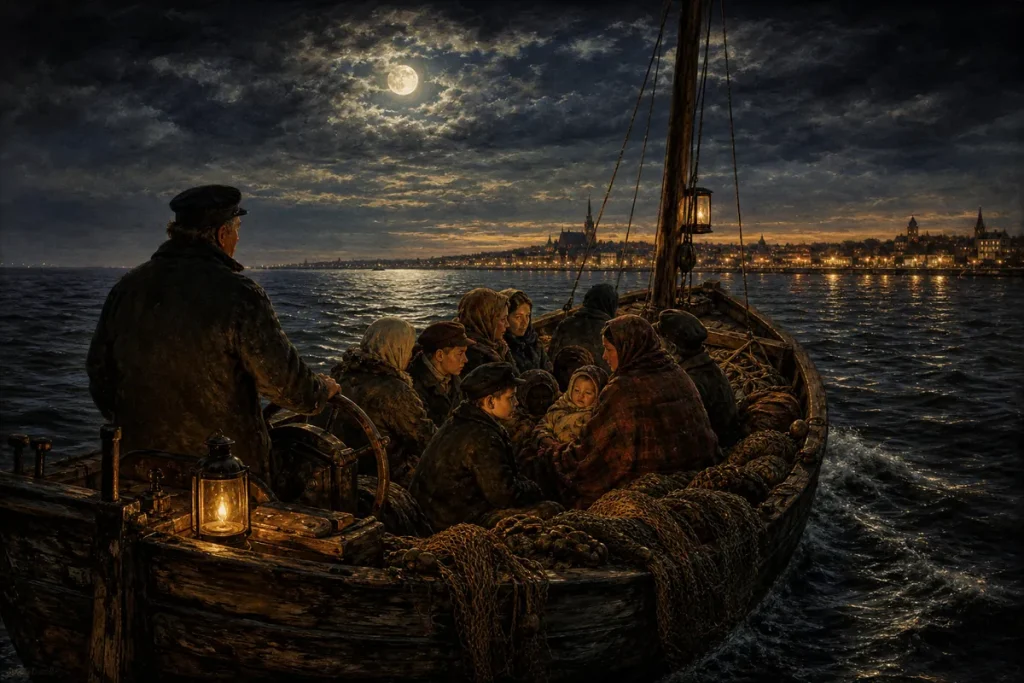 Illustration av en fiskebåt med flyktingfamiljer på väg över ett mörkt sund mot lysande kust