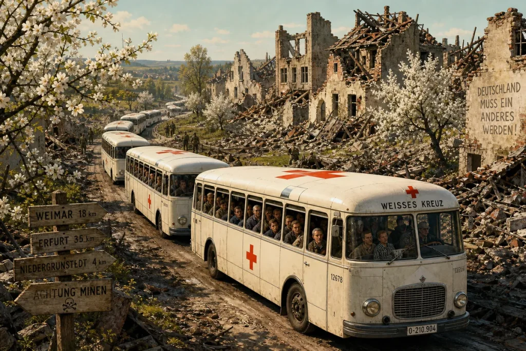 Illustration av de vita bussarna med röda kors på väg genom ett krigshärjat vårlandskap