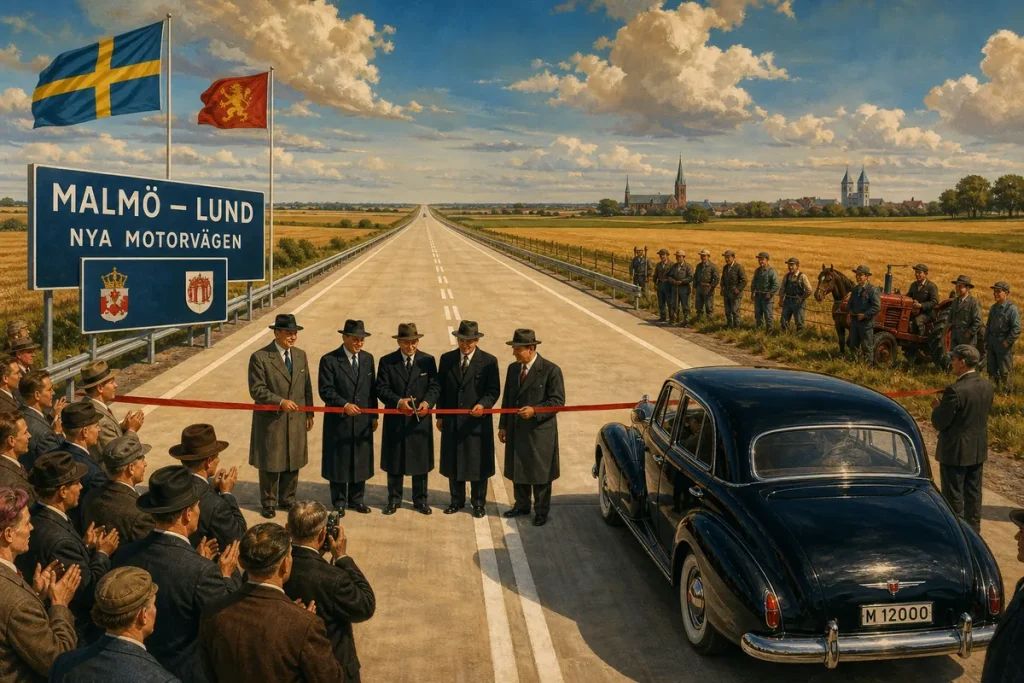 Illustration av en bandklippning på en splitterny rak motorväg genom åkerlandskap