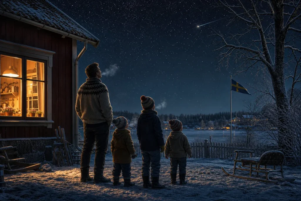 Illustration av en familj som spanar mot en liten ljusprick som rör sig över stjärnhimlen