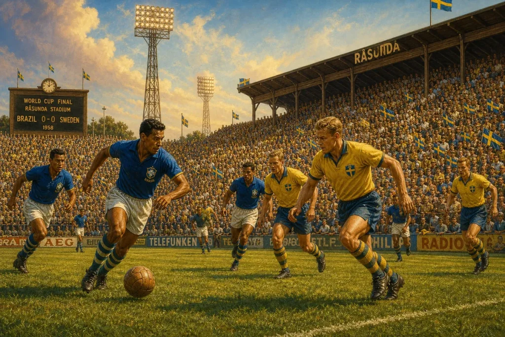 Illustration av VM-finalen på Råsunda med blåklädda och gulklädda spelare inför fullsatta läktare