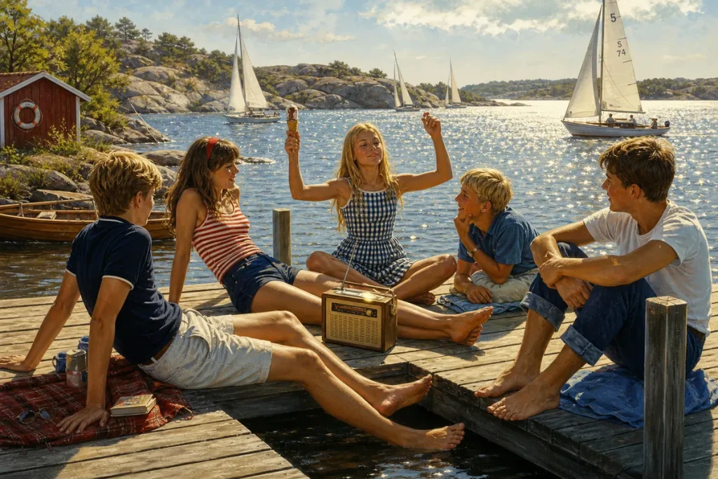 Illustration av tonåringar på en brygga i skärgården kring en transistorradio