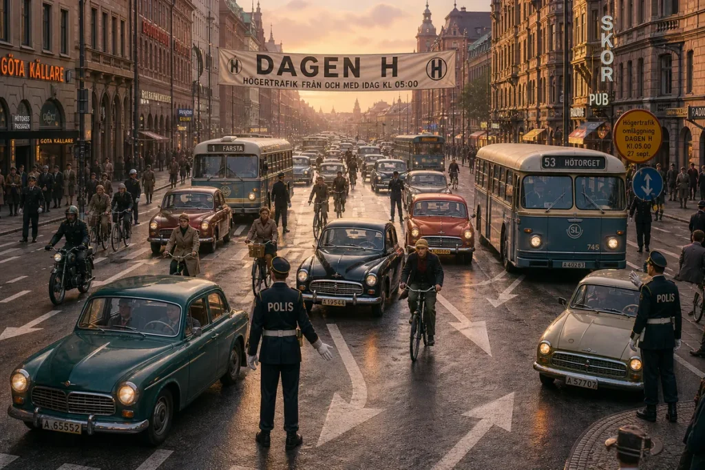 Illustration av trafik som växlar från vänster till höger körfält på en stockholmsgata i gryningen