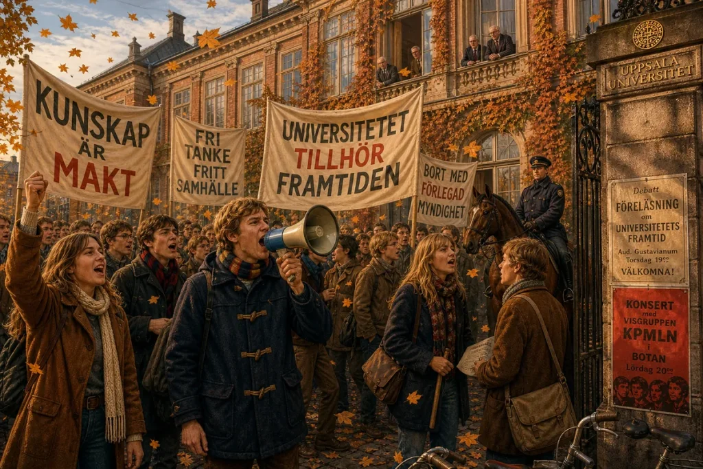 Illustration av demonstrerande studenter med banderoller på en universitetsgård
