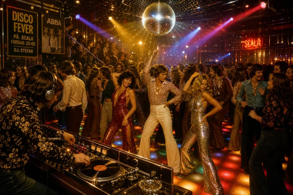 Illustration av ett fullpackat diskotek med dansare under en discokula