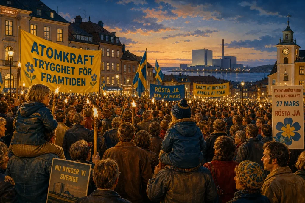 Illustration av ett fackeltåg på ett torg med ett kärnkraftverk vid horisonten
