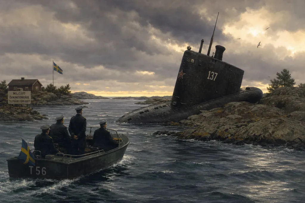 Illustration av ett ubåtstorn på grund bland skären medan en patrullbåt cirklar runt
