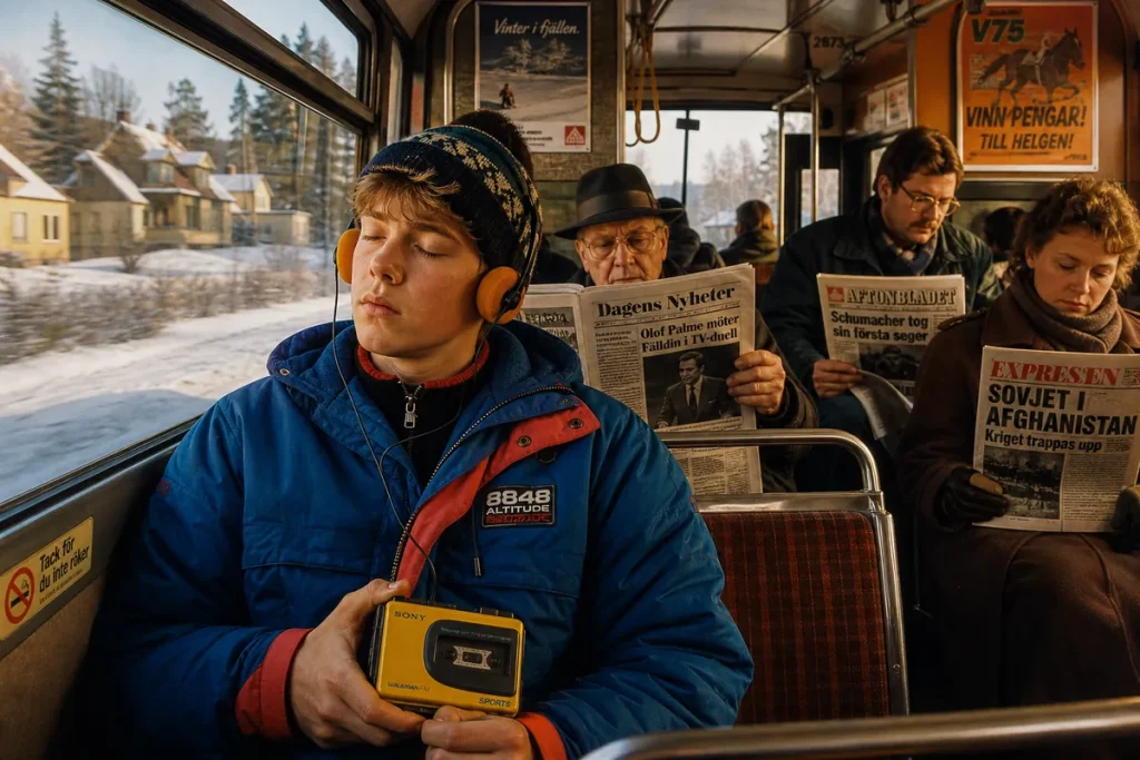 Illustration av en tonåring med hörlurar och bärbar bandspelare längst bak i en buss