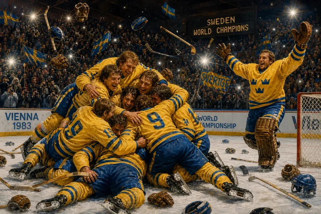 Illustration av gulklädda hockeyspelare i en jublande hög på isen