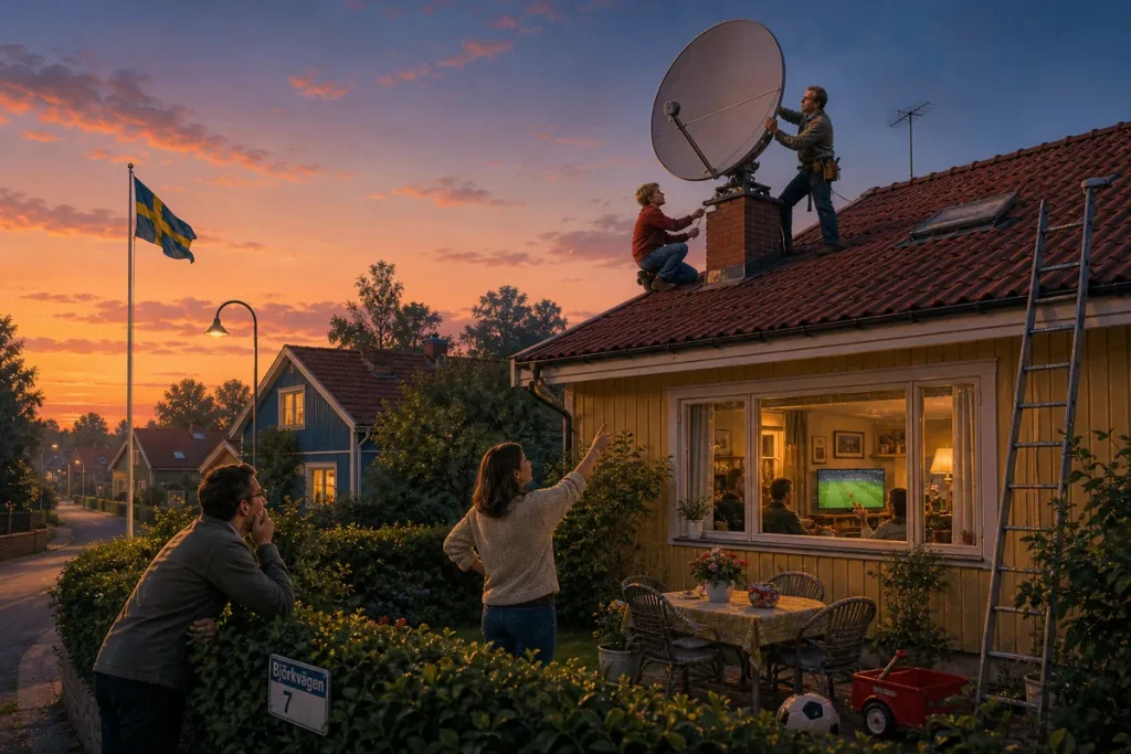 Illustration av far och son som monterar en parabolantenn på ett villatak i skymningen