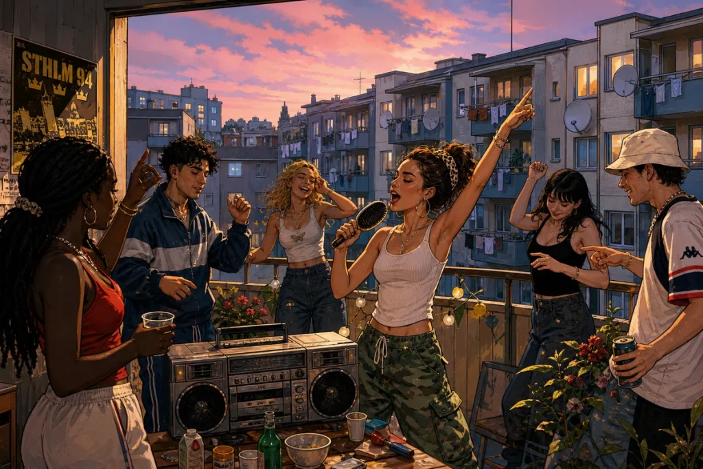 Illustration av en balkongfest där vänner dansar kring en bergsprängare i kvällssol