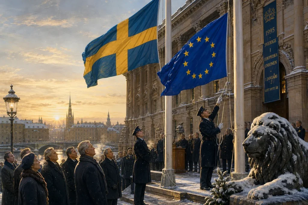 Illustration av EU-flaggan som hissas bredvid den svenska flaggan en frostig morgon