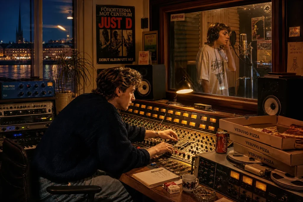 Illustration av en ung producent vid mixerbordet medan en sångerska spelar in bakom glaset