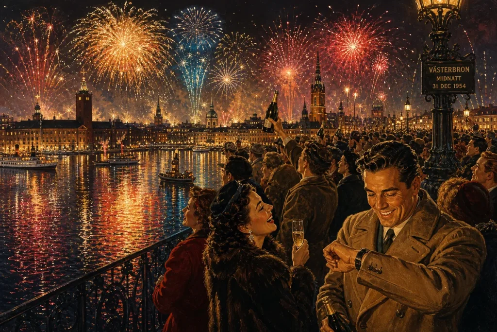 Illustration av folkmassor på en bro medan fyrverkerier exploderar över hela staden