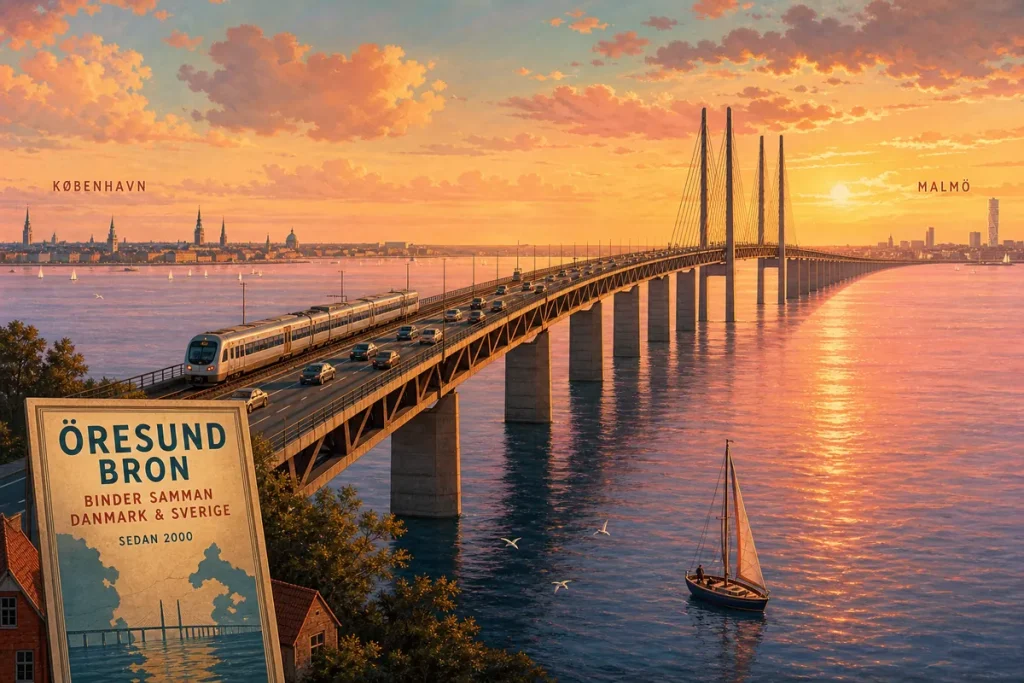Illustration av Öresundsbron i soluppgång med tåg och bilar på väg över sundet