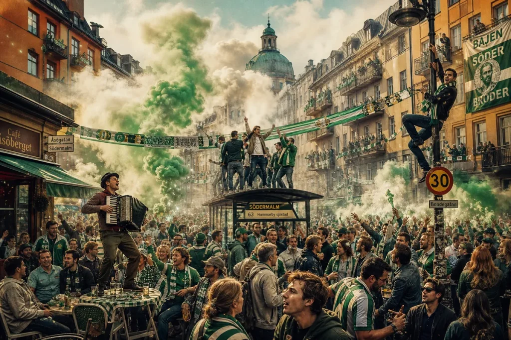 Illustration av en grönvit guldfest på söderstan med fans på busskurer och balkonger