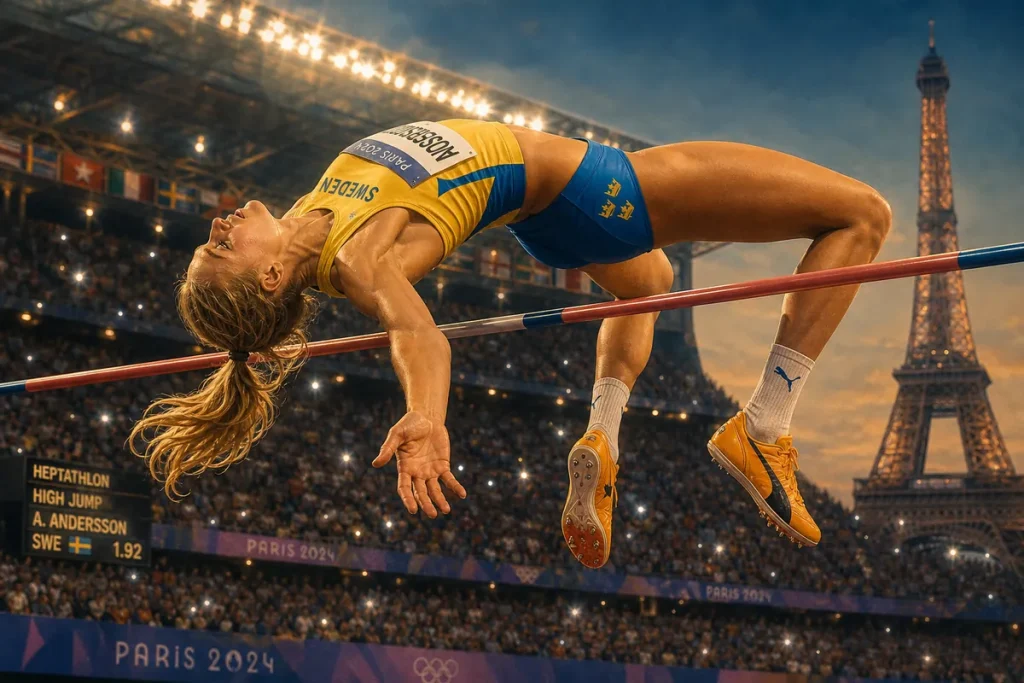 Illustration av en svensk friidrottare som välver sig över höjdhoppsribban i en fullsatt arena