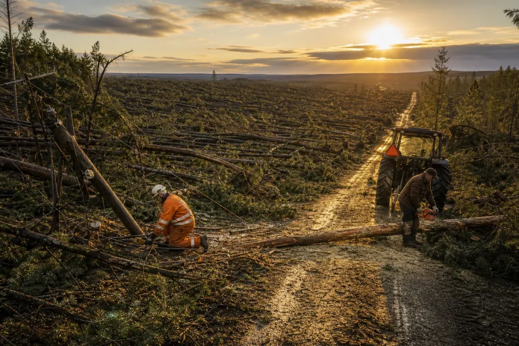 Illustration av stormfälld skog där en linjearbetare och en bonde röjer i vintersolen