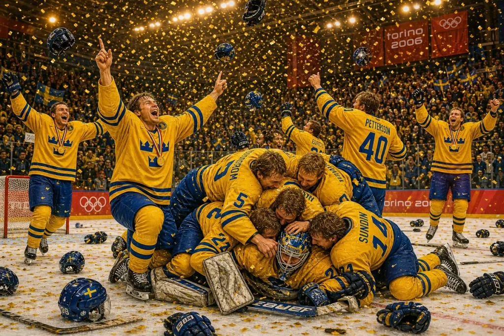 Illustration av gulklädda hockeyspelare som kastar handskarna i luften i guldjubel