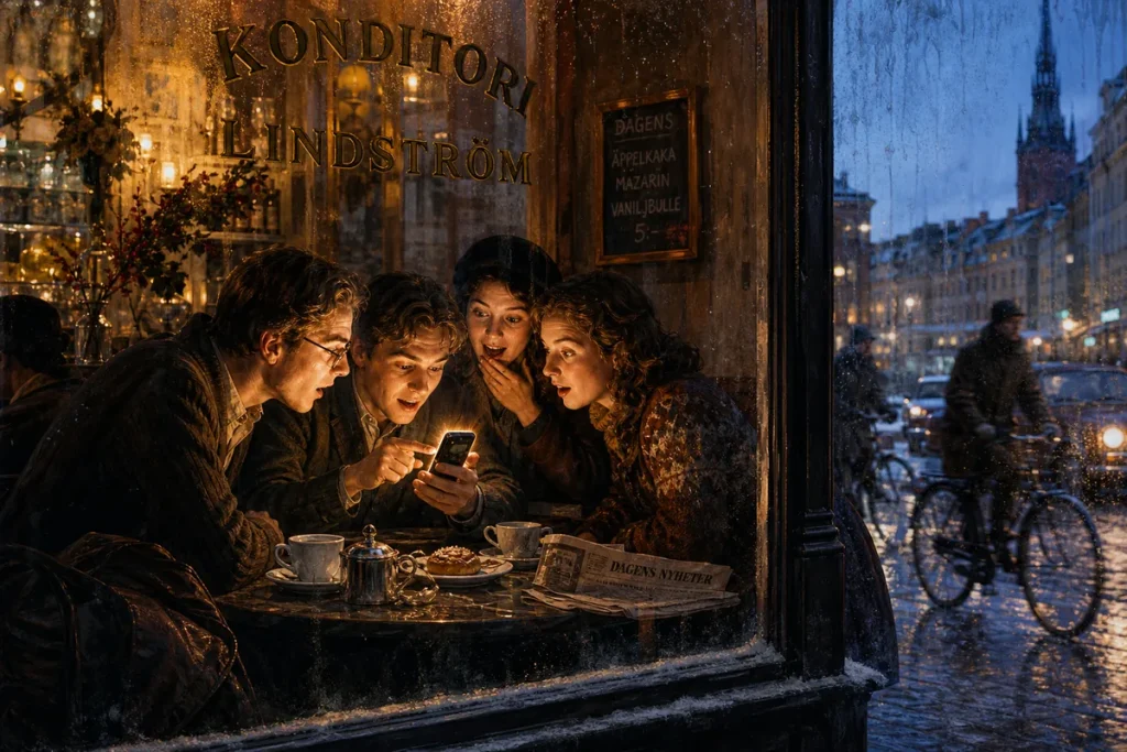 Illustration av kafégäster som fascinerat lutar sig över en glödande pekskärmstelefon