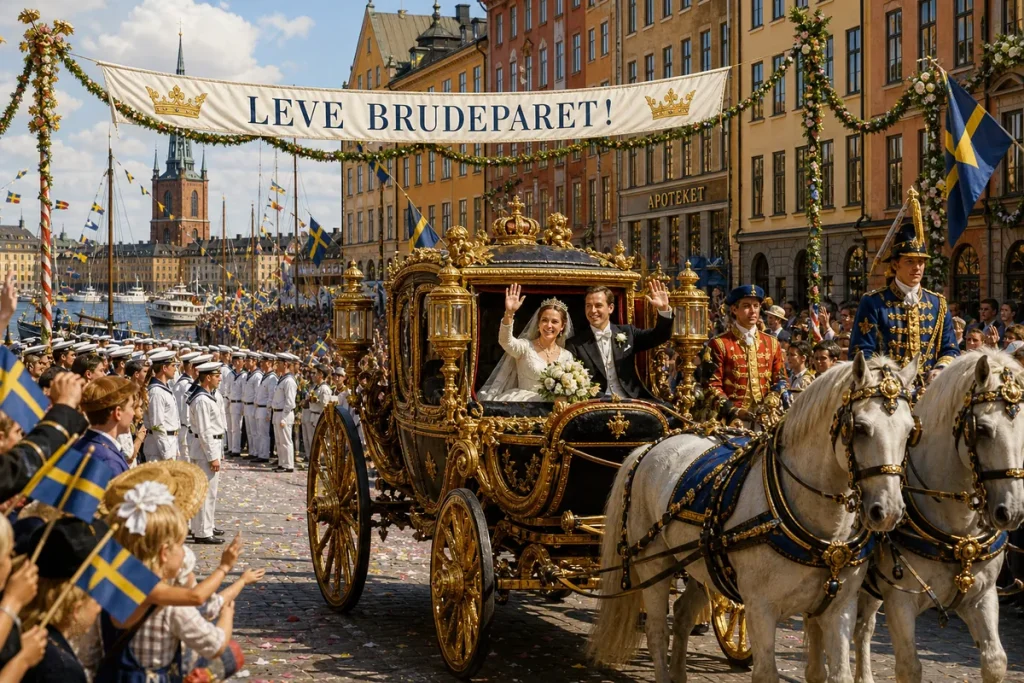Illustration av ett brudpar i gyllene vagn genom folkfyllda gator i gamla stan