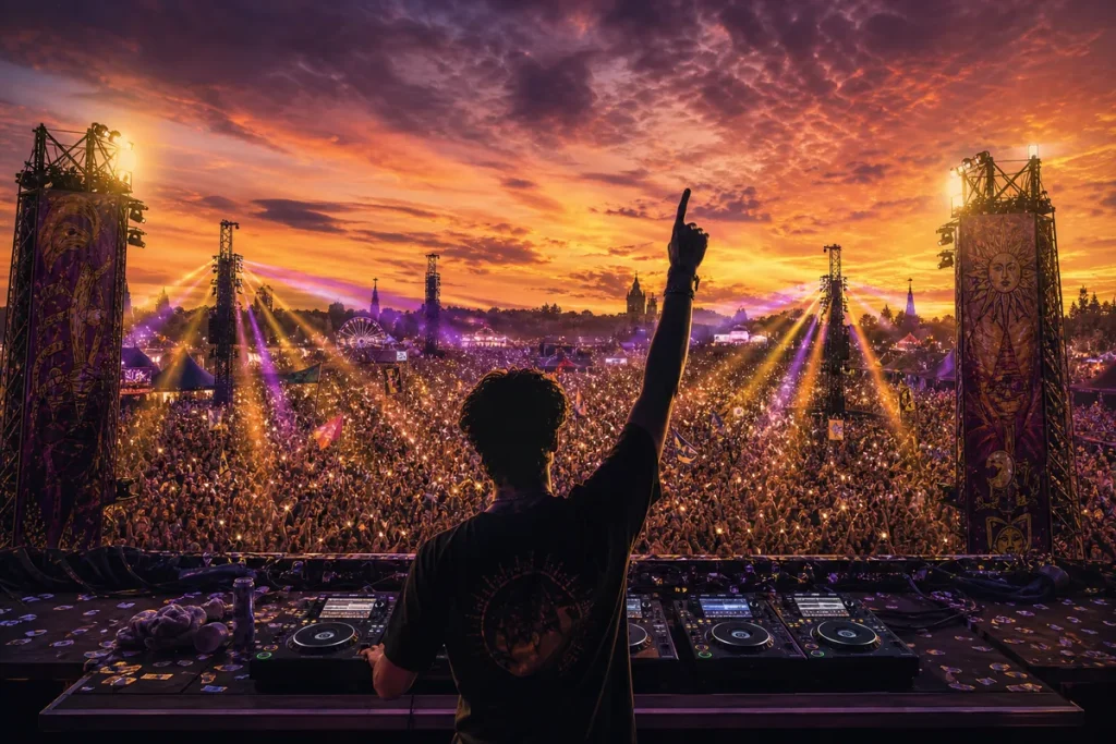 Illustration av en dj med armen i luften över ett hav av festivalhänder i skymningen