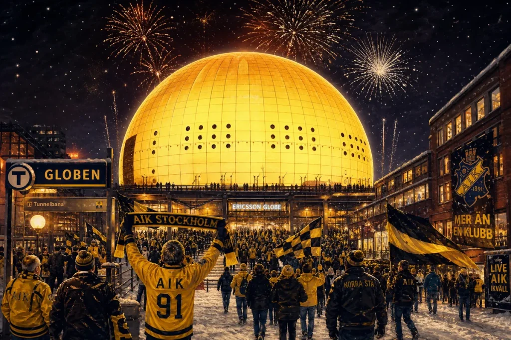 Illustration av den klotformade arenan som lyser gyllene medan gulklädda fans strömmar ut