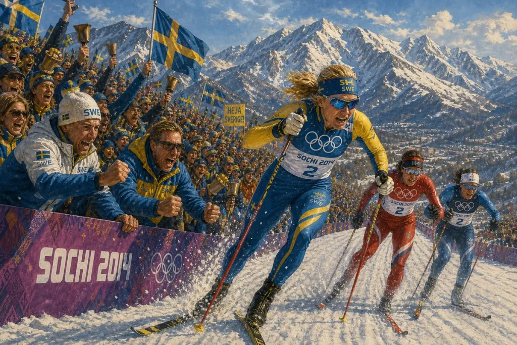 Illustration av en längdåkare i gult och blått som spurtar förbi två konkurrenter i en backe
